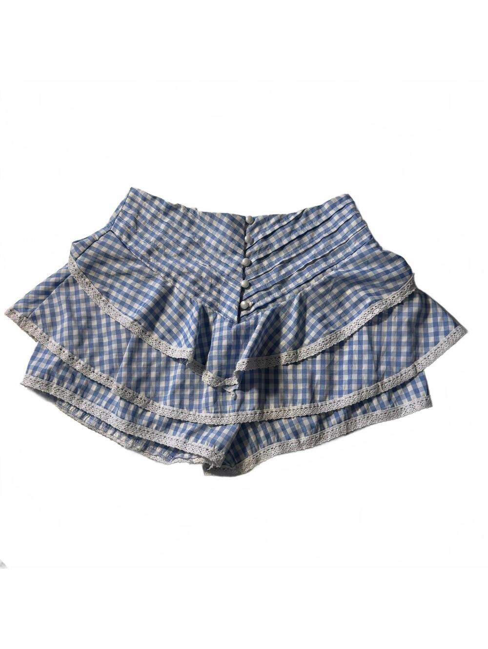 Blue Gingham Layered Ruffle Shorts Bloomers Lace Trim Pearl Buttons Coquette M